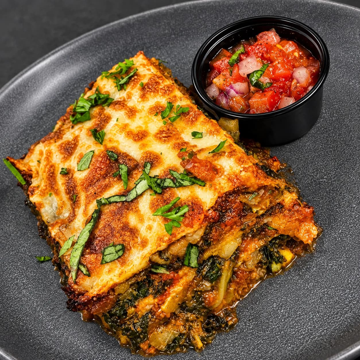 Vegan "NO PASTA" Lasagna — roasted vegetables and san marzano tomatoes layered in between thinly sliced sweet potato 'pasta' w/ whipped ricotta and mozzarella