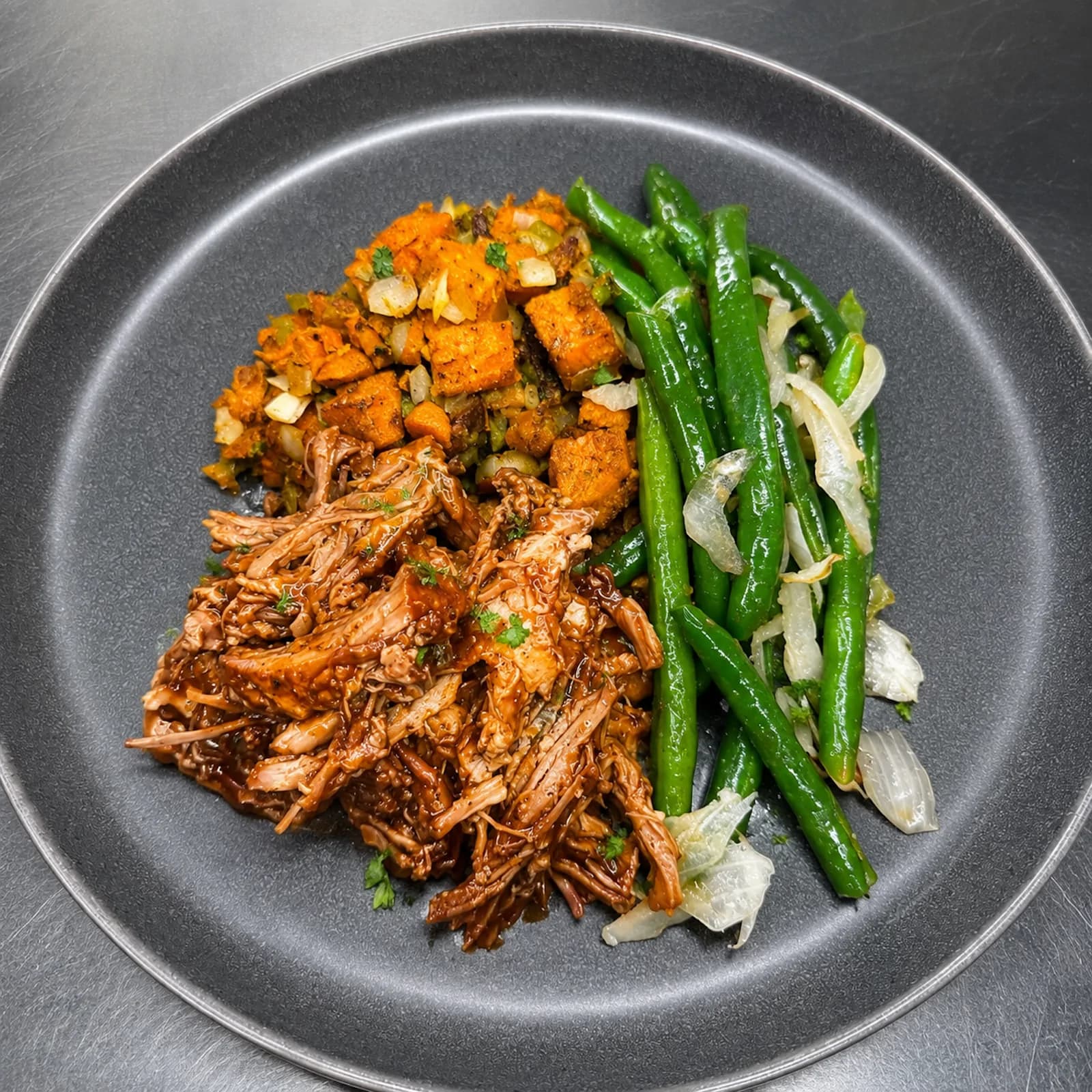 Southern Style BBQ Pulled Pork — w/ sweet potato hash & fresh green beans