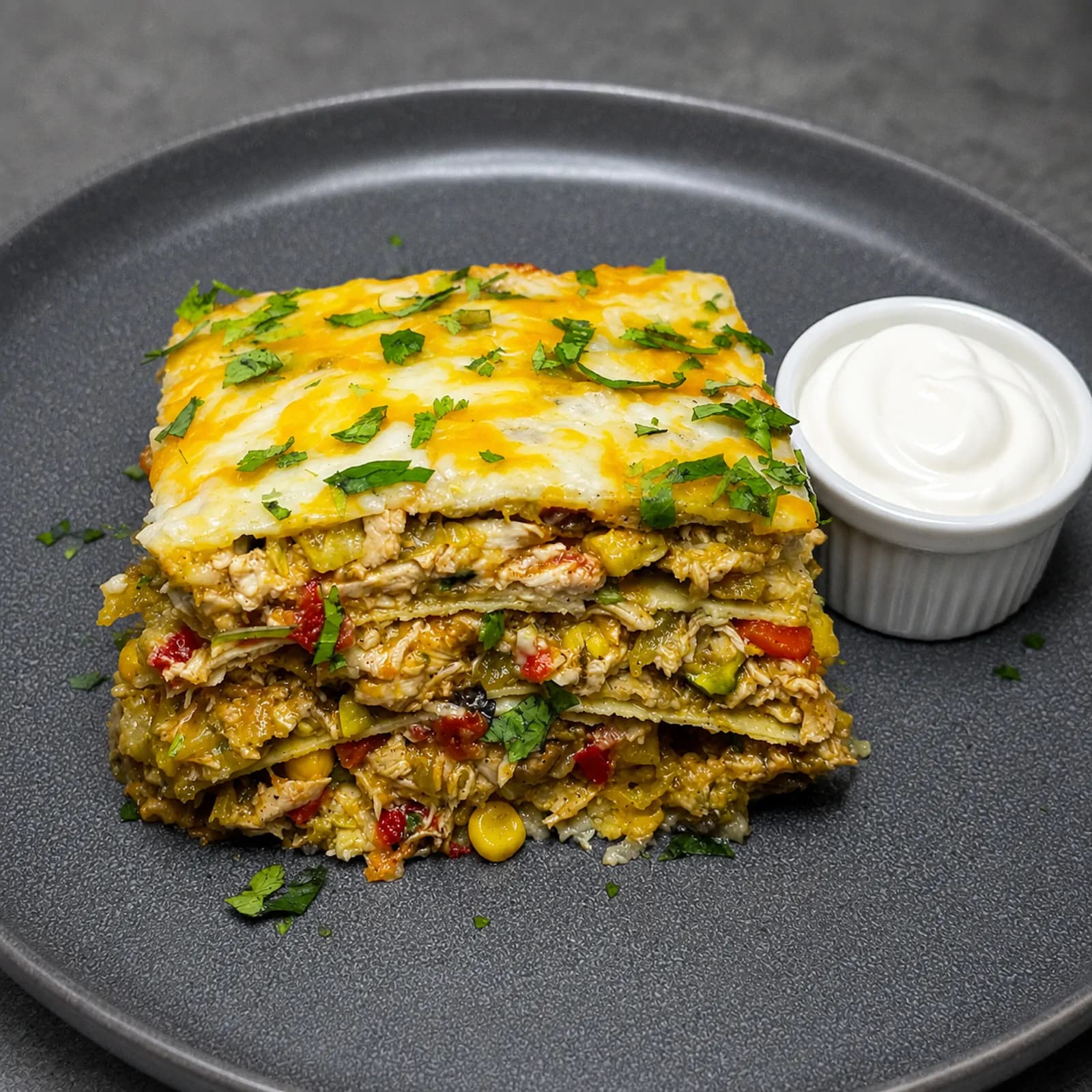 Verde Chicken Enchilada Bake — Roasted chicken, mixed vegetables, fresh corn tortilla, tomatillo & green chili sauce w/ melted cheese