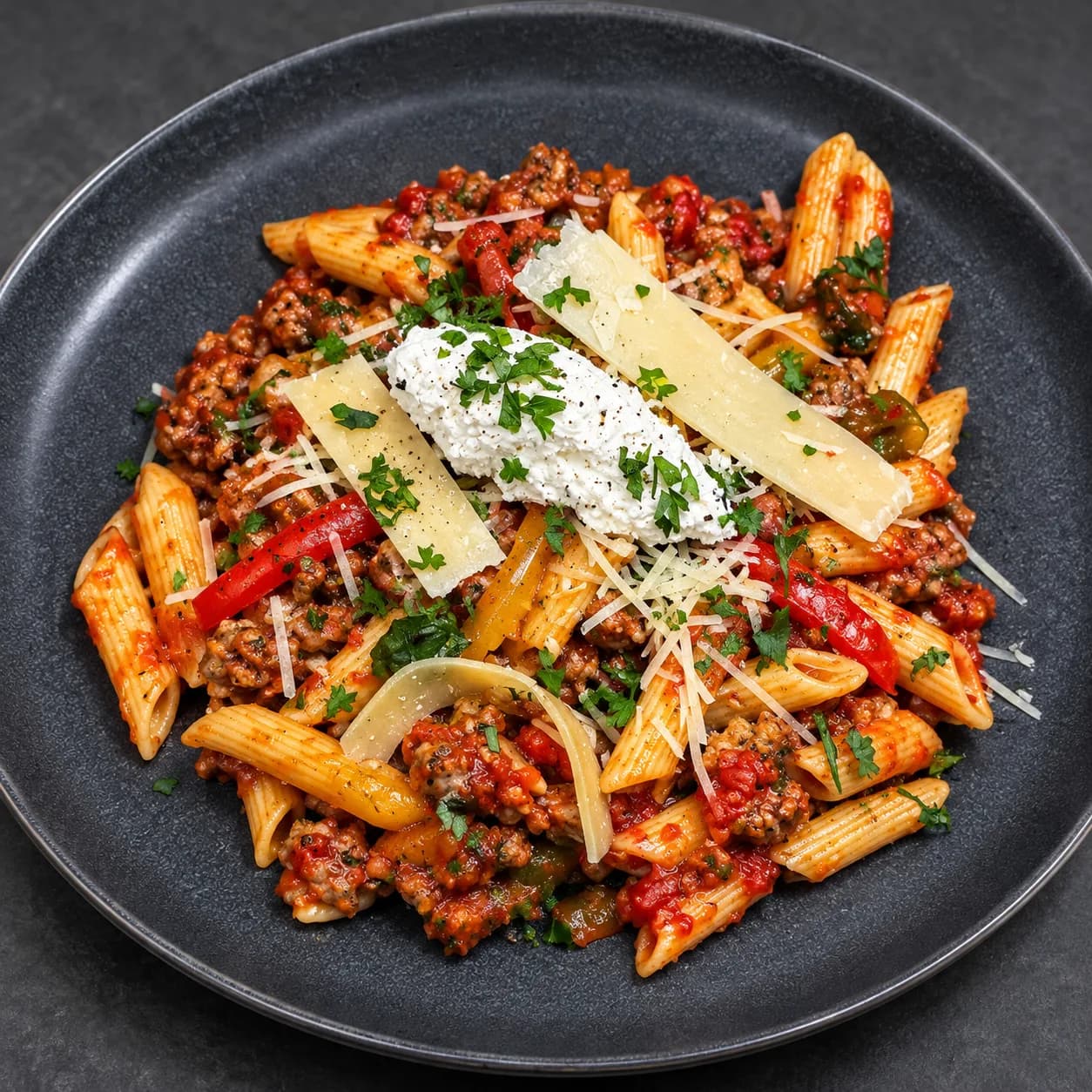 Sausage and Peppers Ziti w/ whipped ricotta, parmesan and fresh herbs