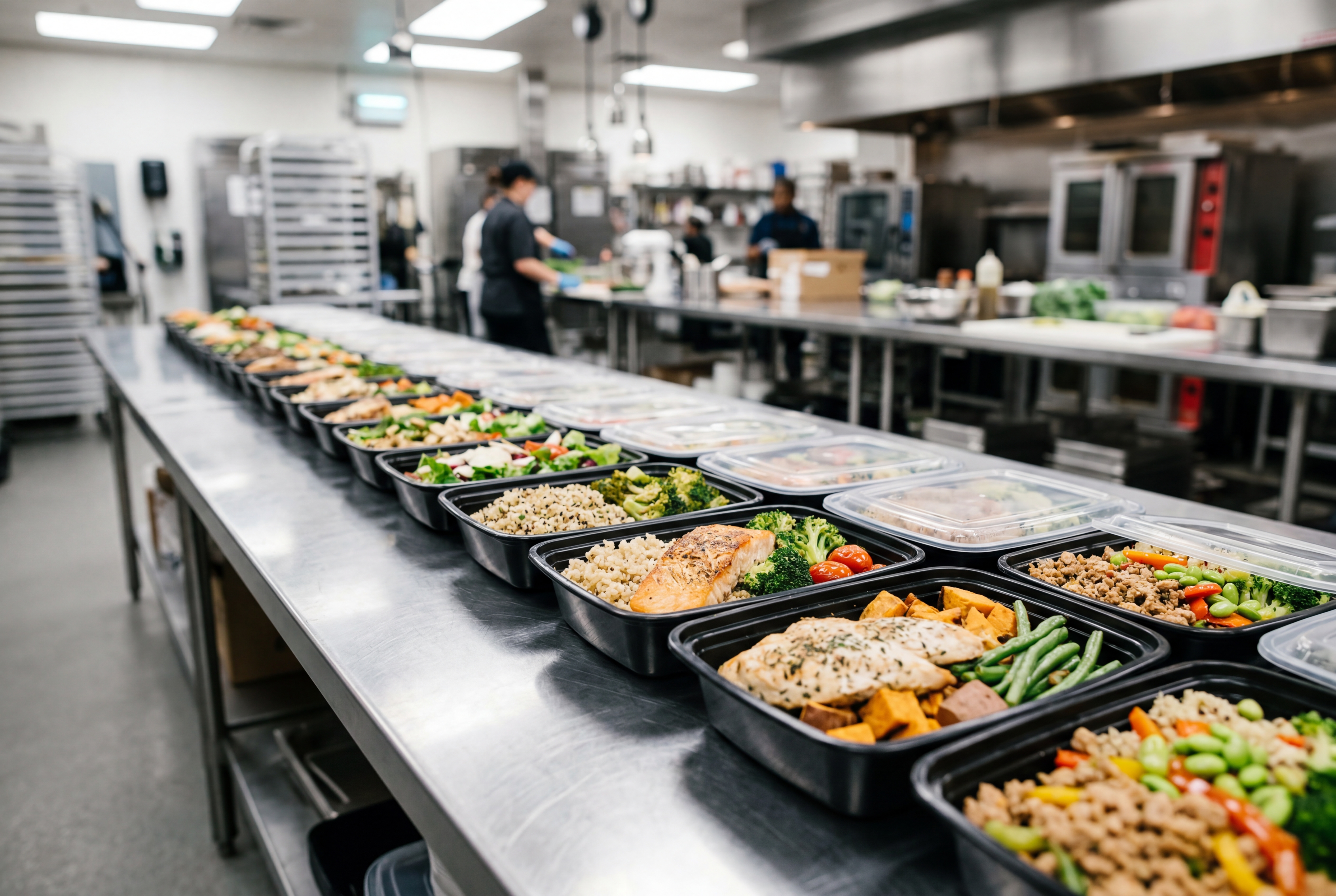 Commercial kitchen counter lined with freshly prepped balanced meals in containers